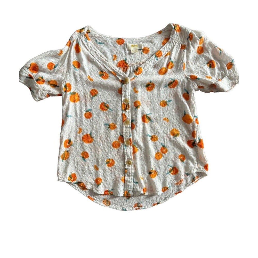 MAEVE by Anthropologie  Short sleeve Fruit Print Button-up Cropped Top White US2